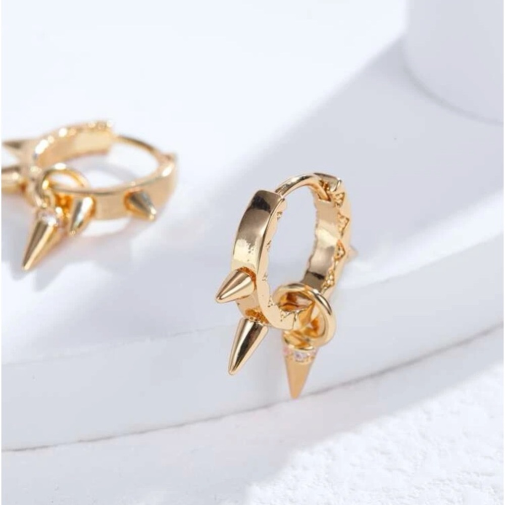 Elegantly Edgy Dainty Gold Dangle Spike Huggie Hoop Earrings - Picture 7 of 8